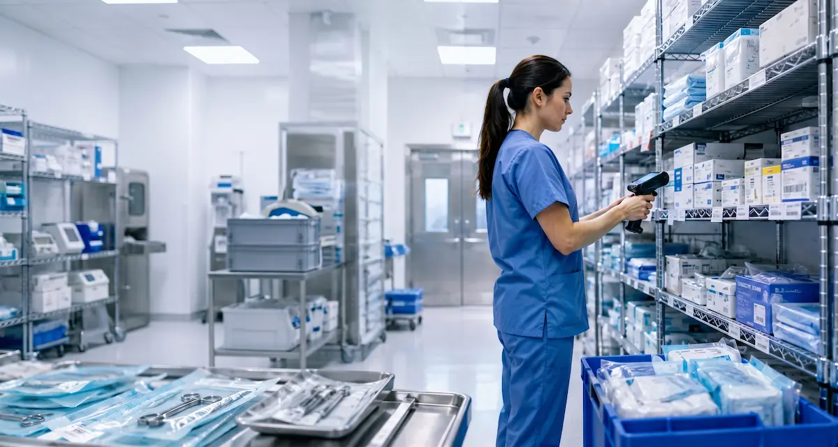 operaria trabajando en almacén farmaceutico